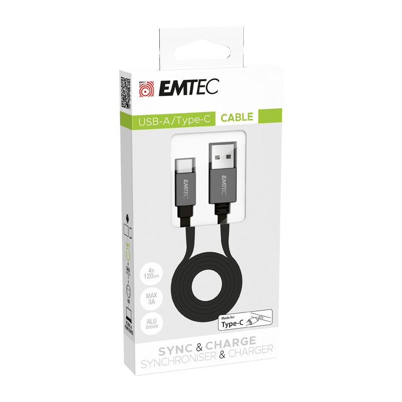 EMTEC, ECCHAT700MB, Câble USB-A vers Micro-USB, Lightning et Type-C, 120 cm, design élégant avec connecteurs en aluminium, idéal pour smartphone et tablette, Couleur noire